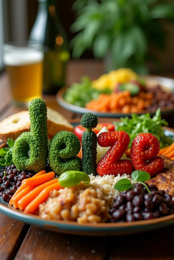 Image of the full name "Deize " with vegetables in the letters ,on top of a very meal plate "Filled" , with rice, feijao , carne , salads