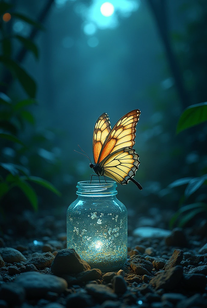 At the darken night at the jungle from the broken glass jar butterfly are flys