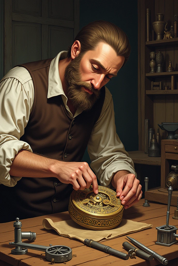 “A historical illustration of Peter Henlein, the German locksmith, working on the world’s first pocket watch in 1505. The scene should include early mechanical tools and a detailed view of the compact, ornate pocket watch.”