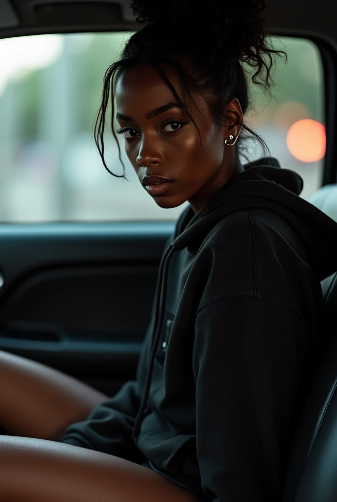 Black woman wearing leather short shorts up in crack black hoodie hair in a bun setting in car  the backseat backside view