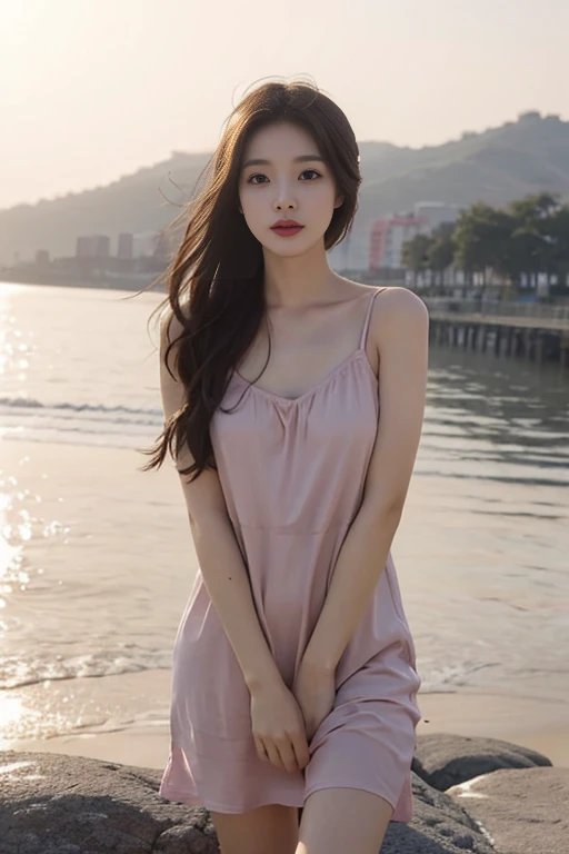 1 Girl,seaside,Soft Light,Chinese Beauty,Slip nightdress