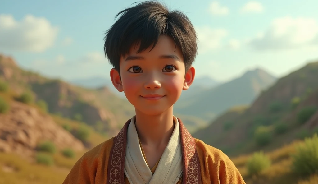 Crie uma imagem fotorrealisitic de um belo garoto meio asiático, dressed in the costume of Noah&#39;s time. work of art, best qualityer, Movie Stills, realisitic, (work of art, Maximum quality, best qualityer, offcial art,), very detailled, More Detailed, high resolution, bonitas, 8k hd, dslr, smooth light, high qualiy, volumetric lighting