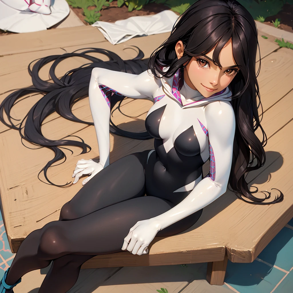 (masterpiece, best quality:1.3), a young woman, 19-years-old, solo, mature face, average height, tan skin, slender figure, (long black wavy hair that's parted in the middle, no bangs:1.2), brown eyes, warm smile, hooded bodysuit, spidergwen, sitting on floor, plain dark background 