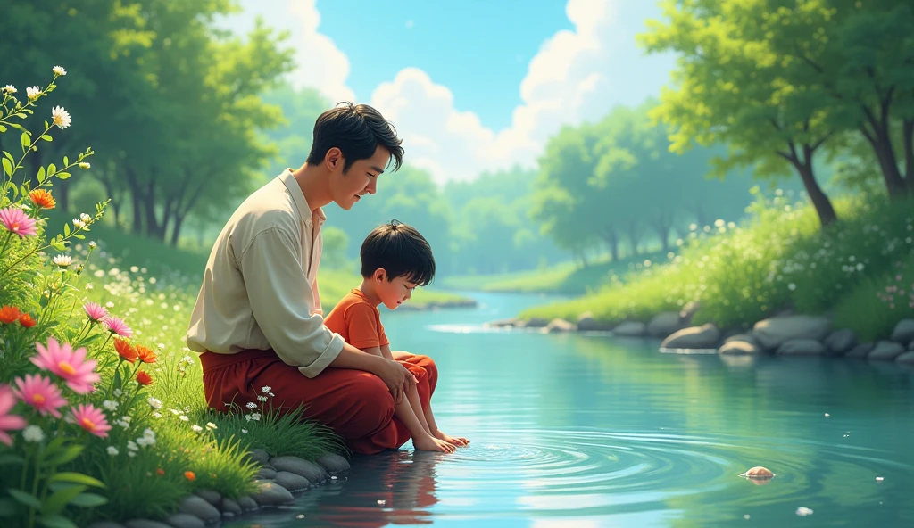 "A serene scene of a father and son sitting together by the riverside, surrounded by lush greenery and vibrant flowers. The father, wearing traditional simple clothing, sits with his arm around his young son, who is playfully dipping his toes in the water. The river flows gently beside them, reflecting the clear blue sky. Wildflowers of various colors bloom around them, adding bursts of color to the green landscape. The atmosphere is peaceful, with the bond between father and son evident in their relaxed and content expressions, as they enjoy the natural beauty around th
