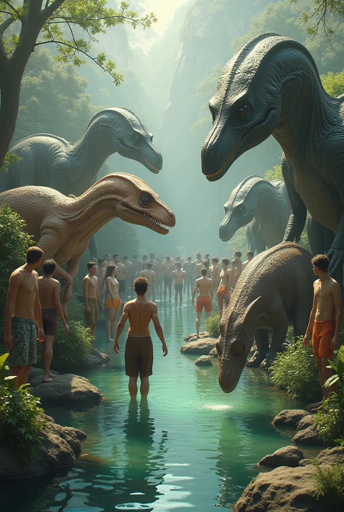 animals like dinosaur aliens and humans are drinking water with a sem pond and there are more humans than animals and the size of humans is very big