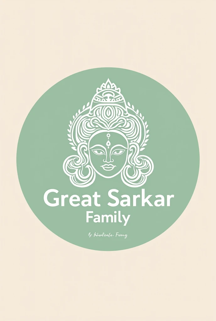 A round logo with neat sketch of head of devi Durga kolkata style with white colour with the logo name The Great Sarkar Family on it on a light green+light pink background