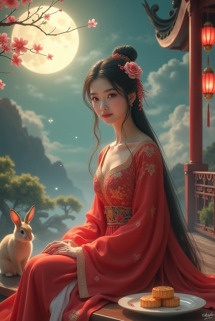 masterpiece,(ultra detailed:1.3),best quality,(sparkle:1.2),(Fantasy World:1.4),nigth,1girl, solo,hair flower,long hair,(jade carved branches:1.3),(1full_moon:1.3),(1rabbit:1.3),(clouds:1.2),looking at viewer,(texturedfabrics),red hanfu,zhongqiu,(Chinese lanterns:1.2),dancing,hanfu,A plate containing mooncakes,Chinese architecture
