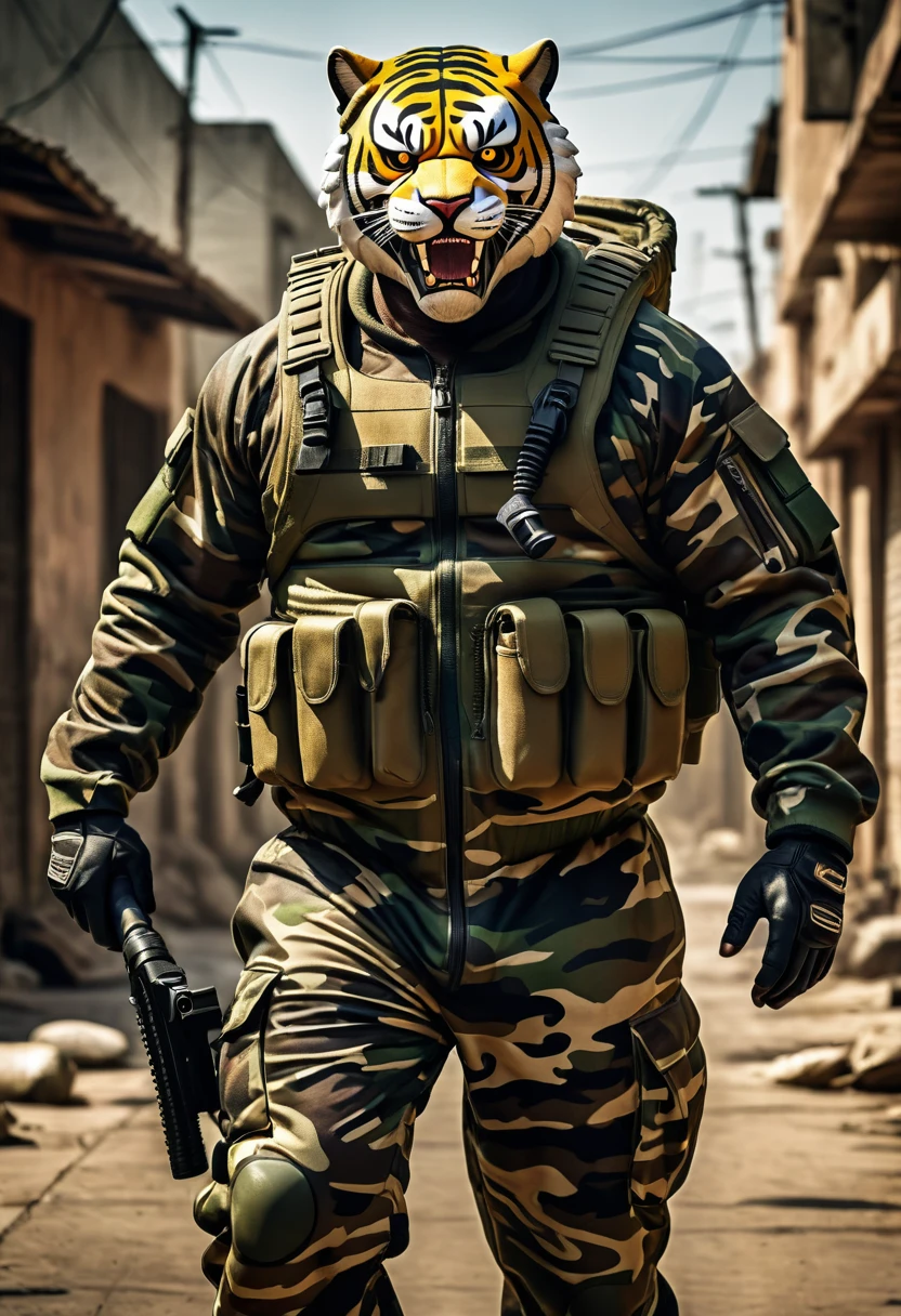 (a dark-skinned fat muscular old man in a bulky army camouflage zipper diver suit), carrying an AK-47, (wearing a small-sized realistic roaring tiger mask), dynamic action pose, fierce expression, angry, roaring, showcasing an imposing stature, surrounded by military elements, dramatic shadows and intense highlights, cinematic color tones, high detail, powerful, art influenced by Bruce Onobrakpeya and Stanley Artgerm, ultra-detailed, best quality image, action-packed atmosphere.