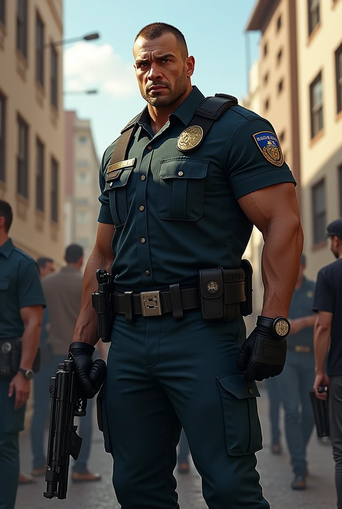 A Muscler security guard's standing with guns and watching next indivisual