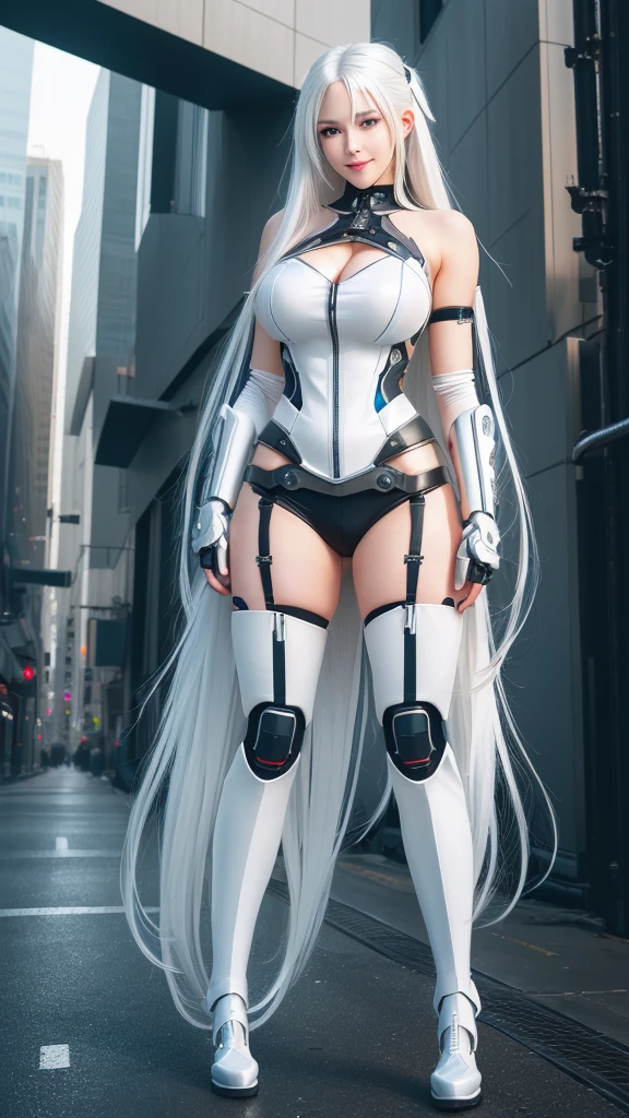 realistic,photorealistic,photo-realistic:1.37,best quality,4k,8k,highres,masterpiece:1.2,ultra-detailed,extremely detailed woman, beautiful detailed eyes, beautiful detailed lips, long white hair, tifa lockhart with white hair, anime girl cosplay, perfect android girl, cyborg girl with silver hair, seductive anime girl, long white hair, cosplay, beautiful white cyborg girl, anime character, full body art, anime goddess, blonde goddess, oppai cyberpunk, seductive smile, sensual pose