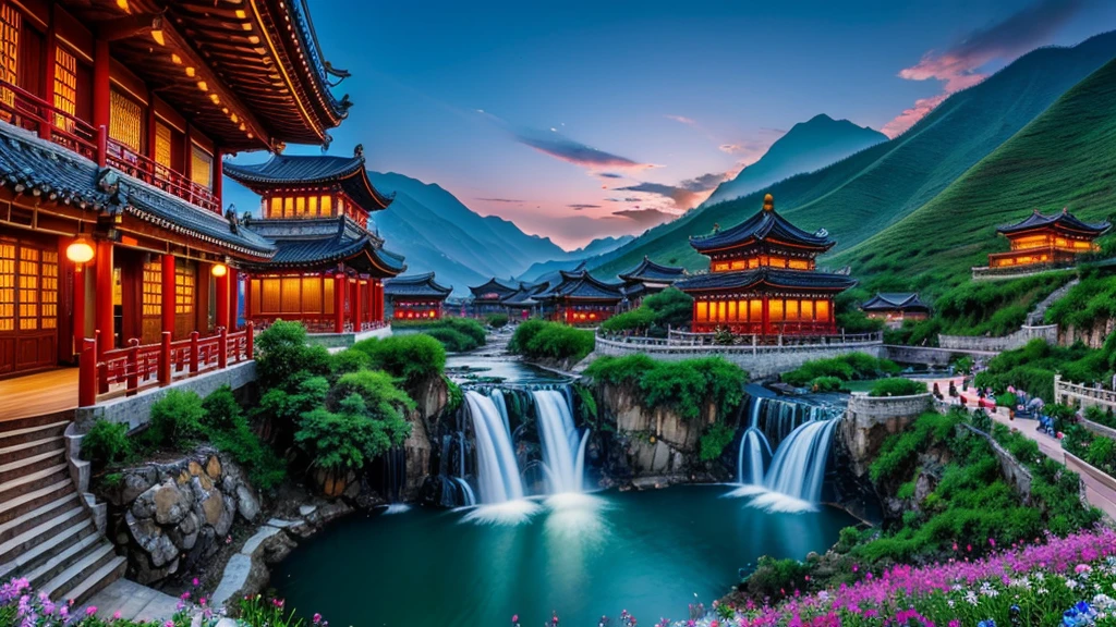 a chinese xinxia village on the mountain with unrealestic beautyful valley of flowers people boirds water falls and romantic lights