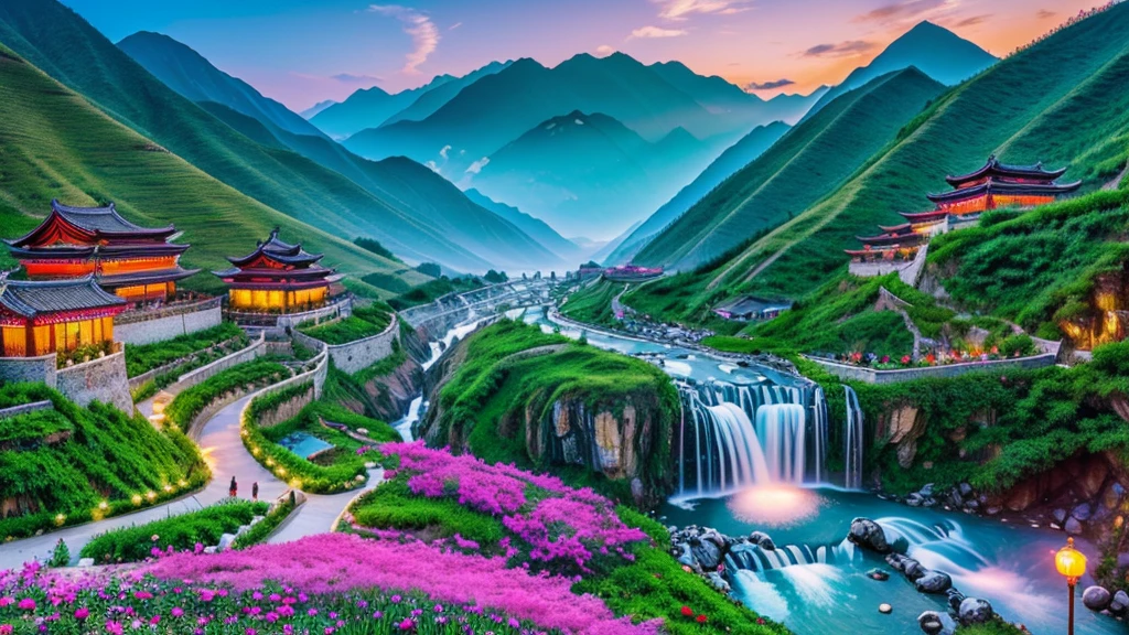 a chinese xinxia village on the mountain with unrealestic beautyful valley of flowers people boirds water falls and romantic lights