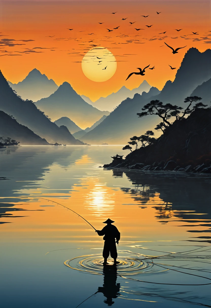 Silhouette of an angler casting a line at sunset, Mountains in the background々Spread、Orange is reflected on the calm water surface.. The scene is painted in the style of Chinese artist Zhang Daichien.。.