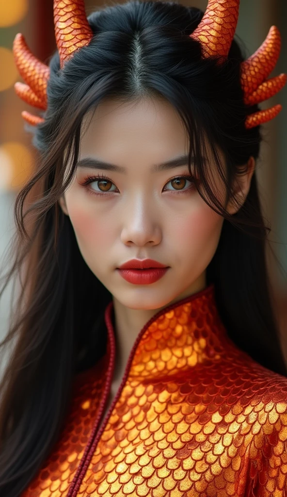 A woman with dragon-like traits inspired by Chinese mythology, covered in shimmering scales that transition from deep crimson to gold. Her eyes are almond-shaped, glowing like molten gold. Her face is a perfect blend of human beauty and dragon majesty, with a serene yet powerful expression. Her hair is long and dark, cascading like a waterfall, with subtle dragon horns emerging from her head.