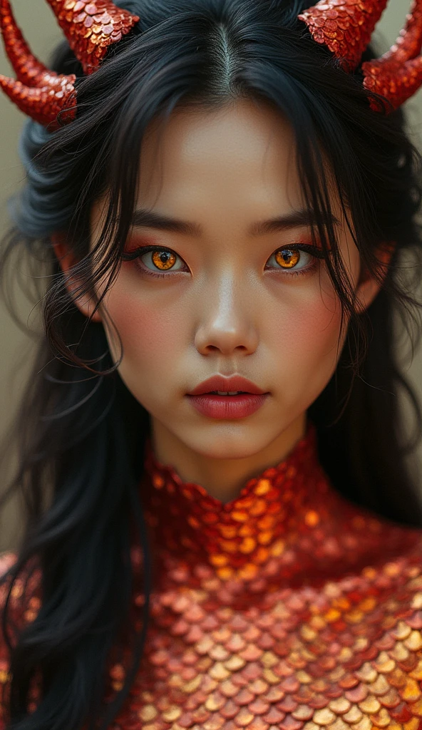 A woman with dragon-like traits inspired by Chinese mythology, covered in shimmering scales that transition from deep crimson to gold. Her eyes are almond-shaped, glowing like molten gold. Her face is a perfect blend of human beauty and dragon majesty, with a serene yet powerful expression. Her hair is long and dark, cascading like a waterfall, with subtle dragon horns emerging from her head.