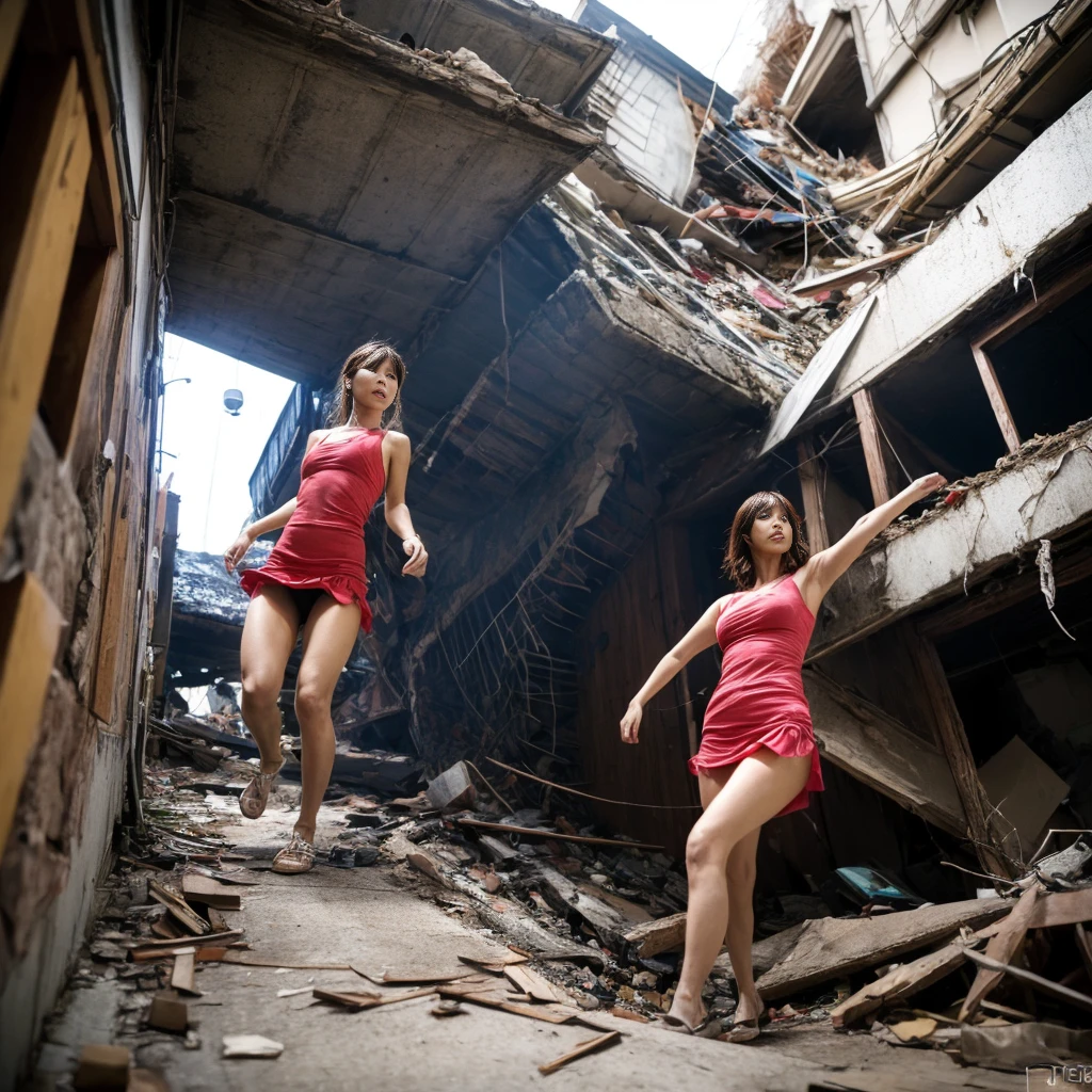 Identical twin sisters on the run、(In 8K、RAW Photos、Highest quality、masterpiece:1.2)、(Realistic、Photorealistic:1.37)、Ultra-detailed、Ultra-high resolution、movie『Godzilla Godzilla』Heroine's、Japanese women desperately flee from Godzilla in devastated Tokyo、Disheveled Hair、The tank top is dirty、Torn Skirt、Running through the rubble、Collapse of buildings、Burning Flames、White skin、Smooth Skin、Stunningly beautiful face、Dynamic Angle、Dynamic Lighting