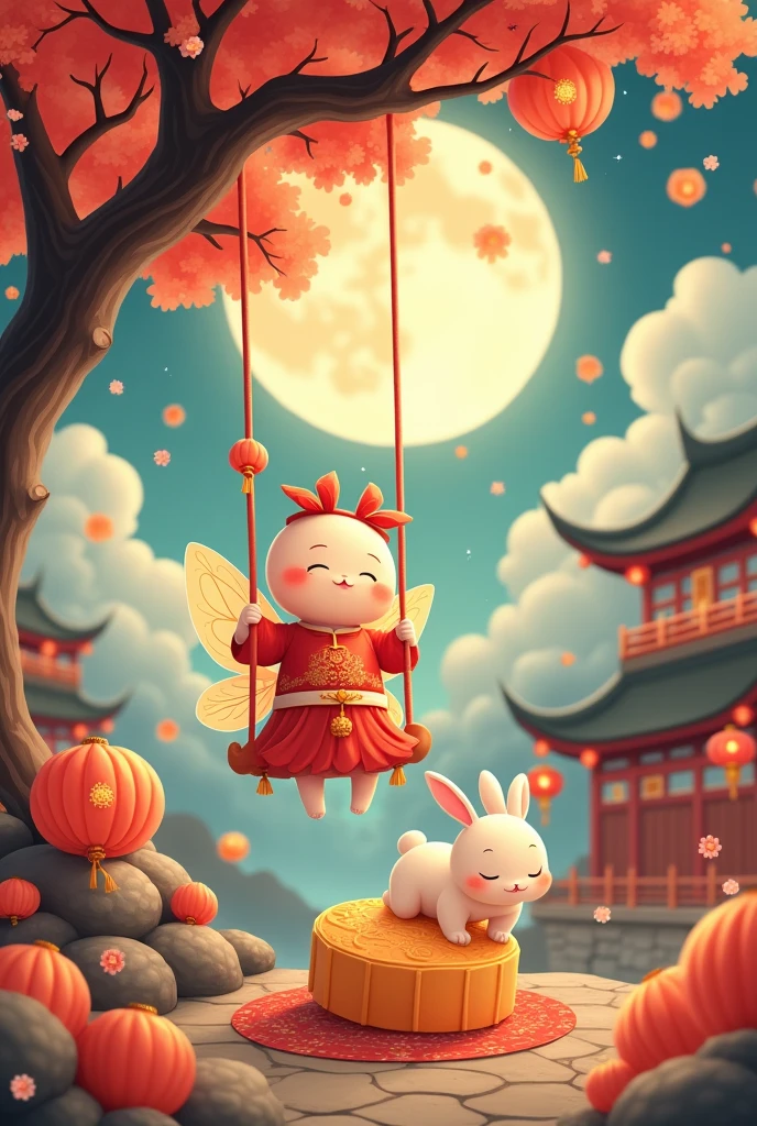 A chubby and cute little fairy, swinging under a osmanthus tree, with a round face, dressed in ancient Chinese clothing, and a little rabbit playing on a huge mooncake. Auspicious clouds, red lanterns, exquisite ancient Chinese architecture, with a huge moon in the background, with vector line illustrations, yellow and red and dark blue tones, abstract picture, surrealism, clear background trend, clear outline light, edge light, fantasy, dappled light, flat illustration, hello kitty style,Disney style, 8k