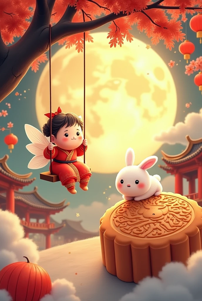 A chubby and cute little fairy, swinging under a osmanthus tree, with a round face, dressed in ancient Chinese clothing, and a little rabbit playing on a huge mooncake. Auspicious clouds, red lanterns, exquisite ancient Chinese architecture, with a huge moon in the background, with vector line illustrations, yellow and red and dark blue tones, abstract picture, surrealism, clear background trend, clear outline light, edge light, fantasy, dappled light, flat illustration, hello kitty style,Disney style, 8k
