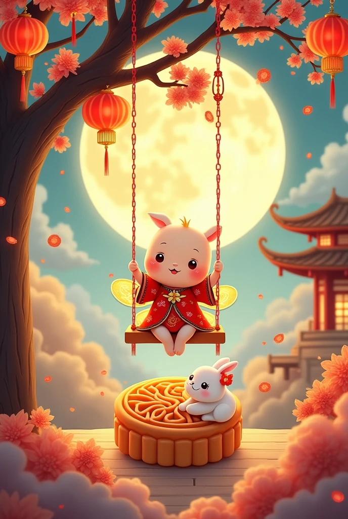 A chubby and cute little fairy, swinging under a osmanthus tree, with a round face, dressed in ancient Chinese clothing, and a little rabbit playing on a huge mooncake. Auspicious clouds, red lanterns, exquisite ancient Chinese architecture, with a huge moon in the background, with vector line illustrations, yellow and red and dark blue tones, abstract picture, surrealism, clear background trend, clear outline light, edge light, fantasy, dappled light, flat illustration, hello kitty style,Disney style, 8k