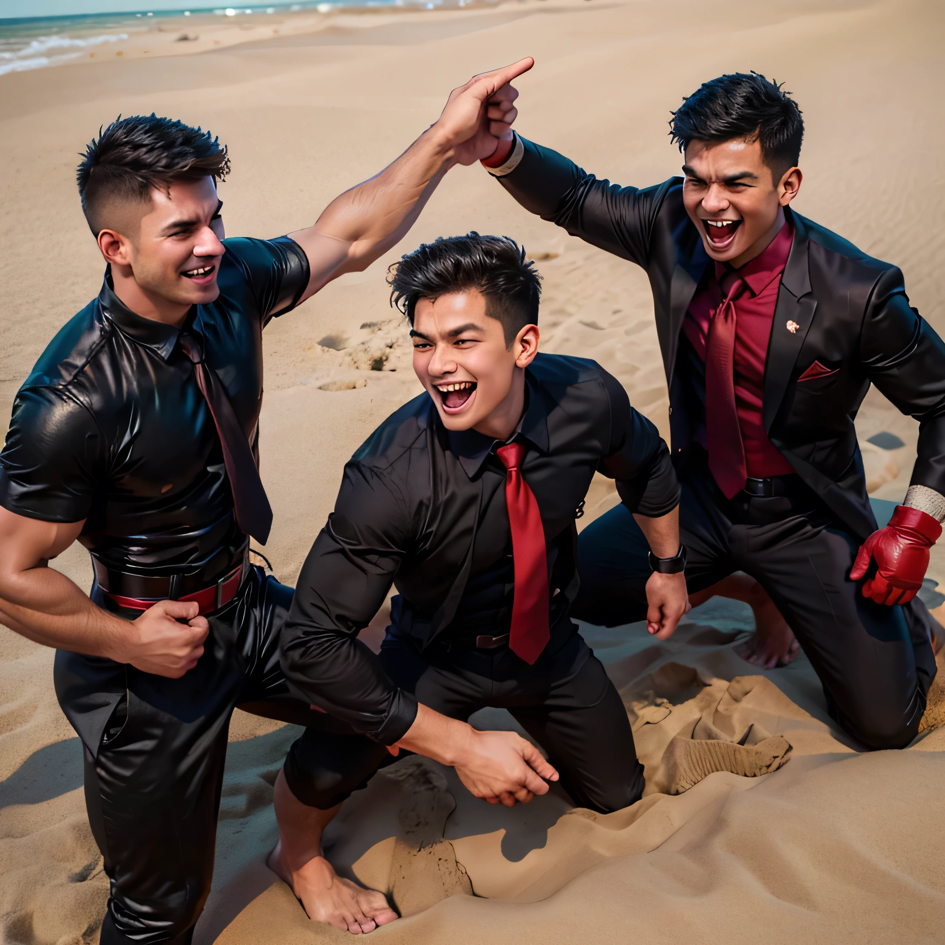 3,Three Men,、Handsome。Black Shirt、Red tie、Black gloves、Dhaka - Fighters、Ocean、On the sand　,,logic, ,Very short hair、　,Asian Face,、　Handsome　　Laugh with your mouth wide open