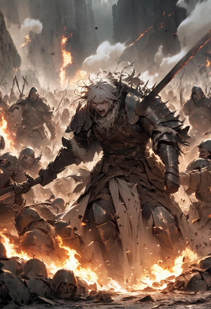 A dramatic scene of a battle-hardened warlord retreating in fear, his face filled with panic. The background shows a chaotic battlefield with smoke and flames, while the warlord's soldiers scatter in disarray, adding to the atmosphere of desperation and terror."