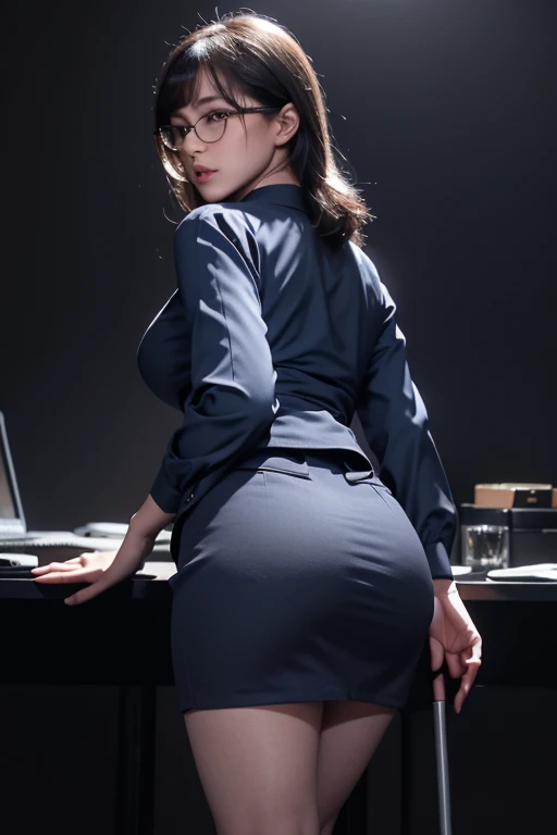 masterpiece, Highest quality, Very detailed, To the camera, Very detailed, Realistic, Sharp features, Very detailed, Sharp focus,
(Woman with anatomically correct muscles and bones)、Perfect Face, Perfect Face, Perfect symmetry and perfect eyes, Perfect Plump Lips, Flexible female form, (Navy blue tight skirt), Short Bob、Glasses、(Ultra-realistic stockings)、(Thighs) , Ample breasts、(Plump butt)、Curved waist、((Woman in office uniform))、
cinematic, Film Light, Very detailedな, hyper Realistic, masterpiece, Atmospheric, High resolution, Dynamic Studio Lighting, ((Dark Background)), Woman standing backwards in a dark room、(Stick your butt out)、Gazing at the audience、Captivate the audience、