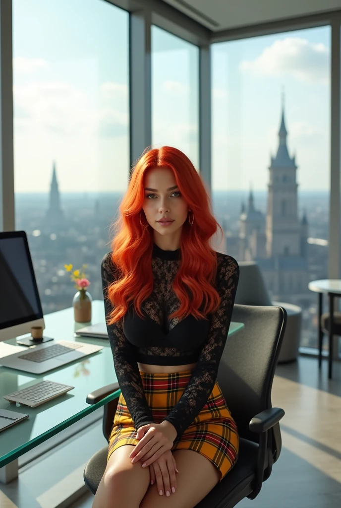 donna con capelli rossi, gonna corta in tartan giallo con righe rosse e nere, top in pizzo nero seduta in un ufficio moderno all'ultimo piano di un grattacielo di edimburgo
