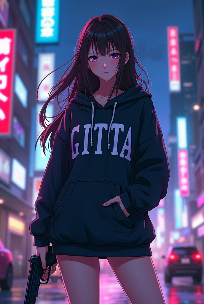 Create a character anime, {background: capital text “GLBK”, night city}, tanned skin,
realistic, HDR, beautiful, japan style, full body, use piastol, age 20, hoodie HD text: “GITTA”, female, long hair