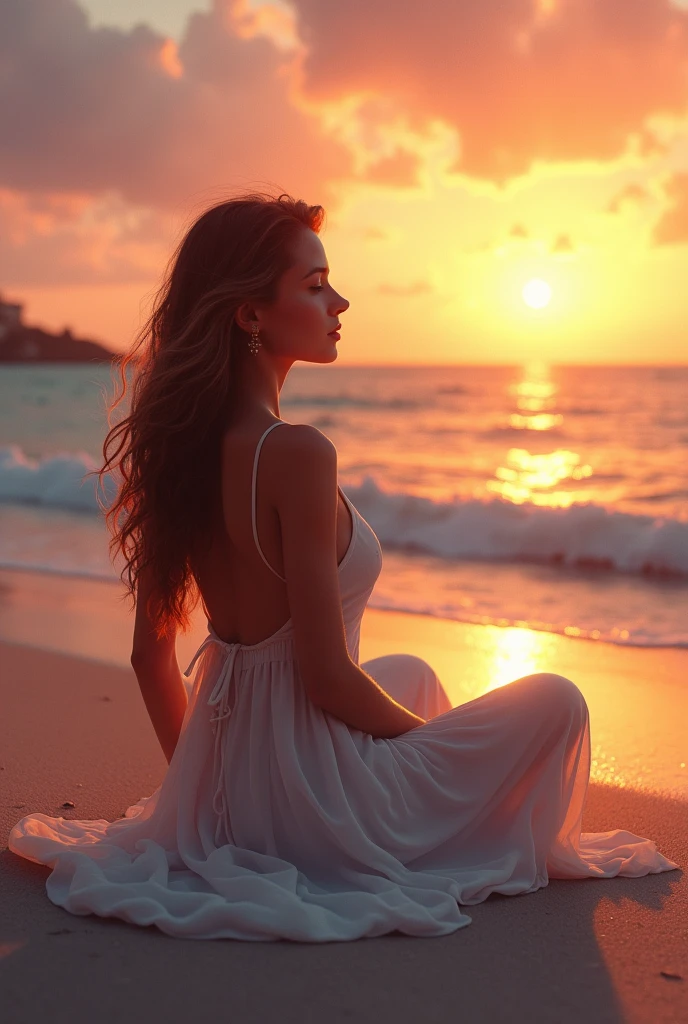 Summer Sea Beautiful woman sitting on the beach Sunset