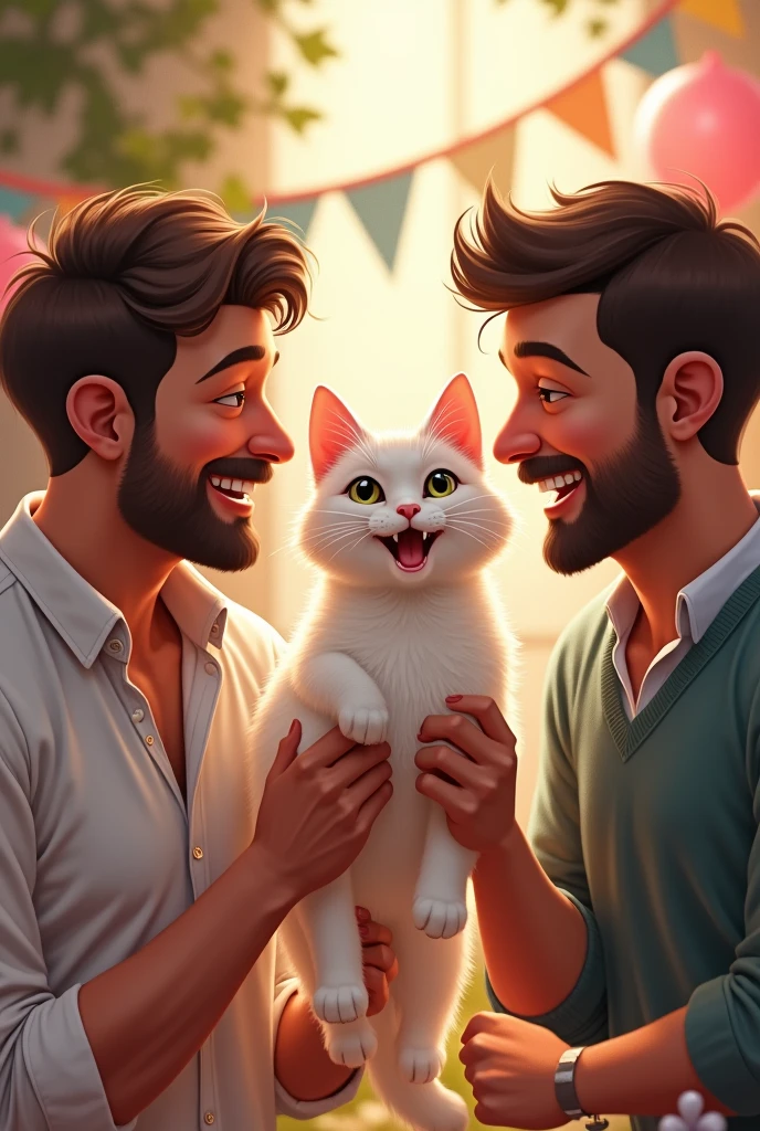 The birthday party had two men and a white cat.