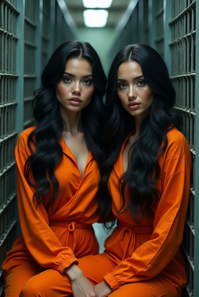 A beautiful Instagram model, long black hair , at prison , beautiful make up , orange prison jumpsuit, full body view, in cage, two girls , sitting