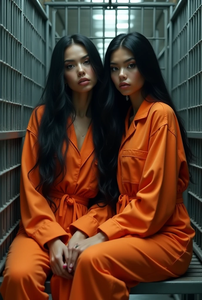 A beautiful Instagram model, long black hair , at prison , beautiful make up , orange prison jumpsuit, full body view, in cage, two girls , sitting