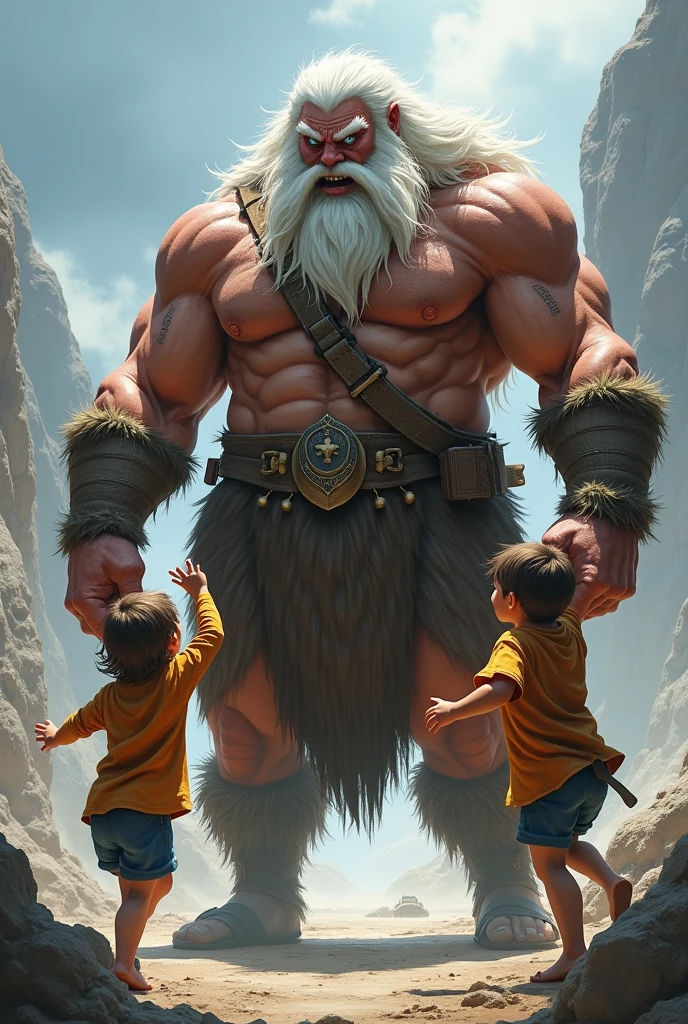 A barbaric father, immensely tall and muscular, with white hair and blue eyes with strong arms he sees his two small children fighting and with an agile and determined movement, stands between them. He lifts them with ease, one on each arm, holding them firmly, but without hurting them.