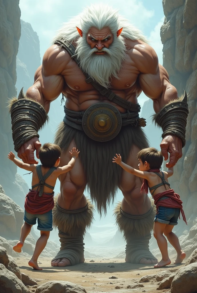A barbaric father, immensely tall and muscular, with white hair and blue eyes with strong arms he sees his two small children fighting and with an agile and determined movement, stands between them. He lifts them with ease, one on each arm, holding them firmly, but without hurting them.