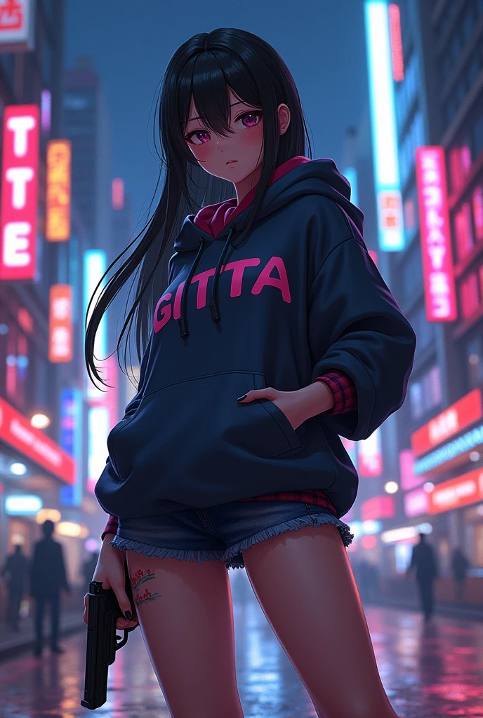 Create a character anime, {background: capital text “GLBK”, night city}, tanned skin,
realistic, HDR, beautiful, japan style, full body, use piastol, age 20, hoodie HD text: “GITTA”, female, long hair