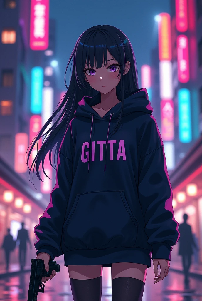 Create a character anime, {background: capital text “GLBK”, night city}, tanned skin,
realistic, HDR, beautiful, japan style, full body, use piastol, age 20, hoodie HD text: “GITTA”, female, long hair