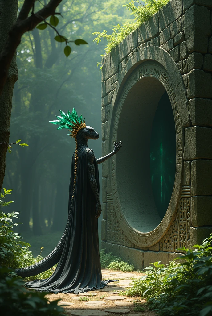 Reptilian with an elegant body and shiny black scales,  wearing an emerald crystal horn-shaped crown and dressed in simple tribal clothing. In the middle of the deep forest , She is touching the stone wall with her hands to activate a dimensional portal that was hidden., around limitless runes carved around the portal,  inside a tunnel.