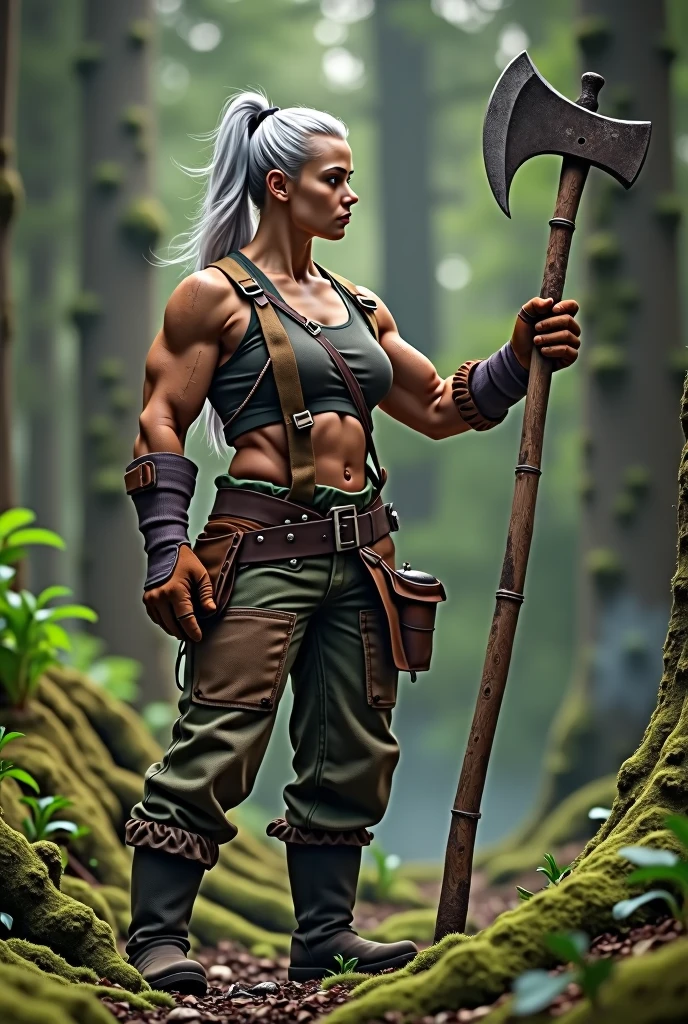 silver hair，woodcutter，robust，Woods background，woman，tie a ponytail，biceps，Abdominal muscles，Work clothes，Good figure，Handsome，leather gloves，40 years old，Best lighting，Huge axe