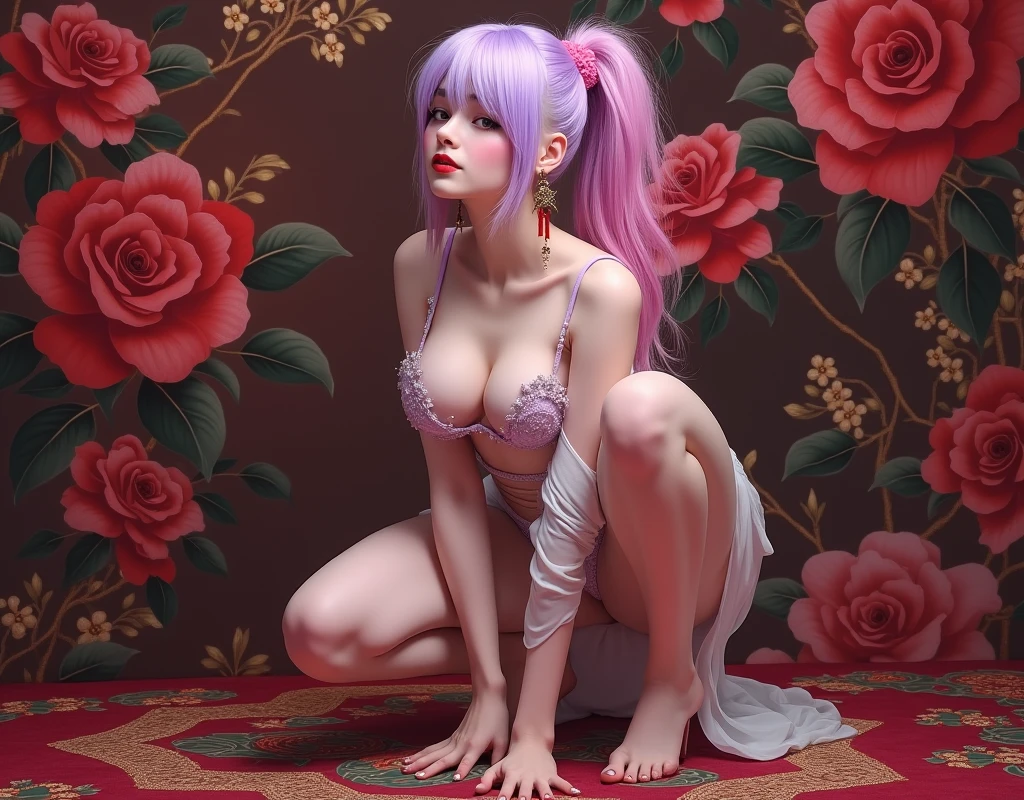 1girl, wearing stylish modern revealing clothing, albino, pink and purple hair , pink rose background, japanese and European, perfect tits, perfect dream face , jacket covering nipples , non revealing , stylish bras, crouching, seductive , red rose Japanese traditional background , passionate tits rubbing, side bangs , pony tail,