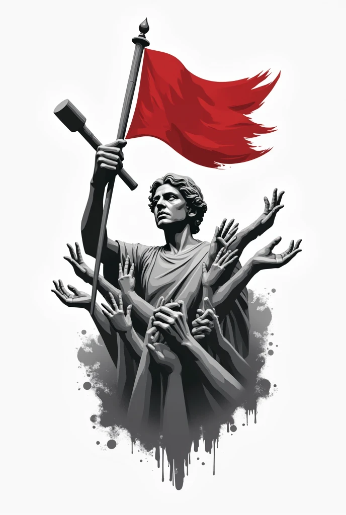 Create a logo that can use black, white or red. The logo should have the image of a sculptor's hand is sculpting a statue using chisel and hammer of old times. The statue is multiple hands holding a flag called unity. The image should emphasize the careful and deliberate process of crafting unity and the overall style should remain artistic and inspirational