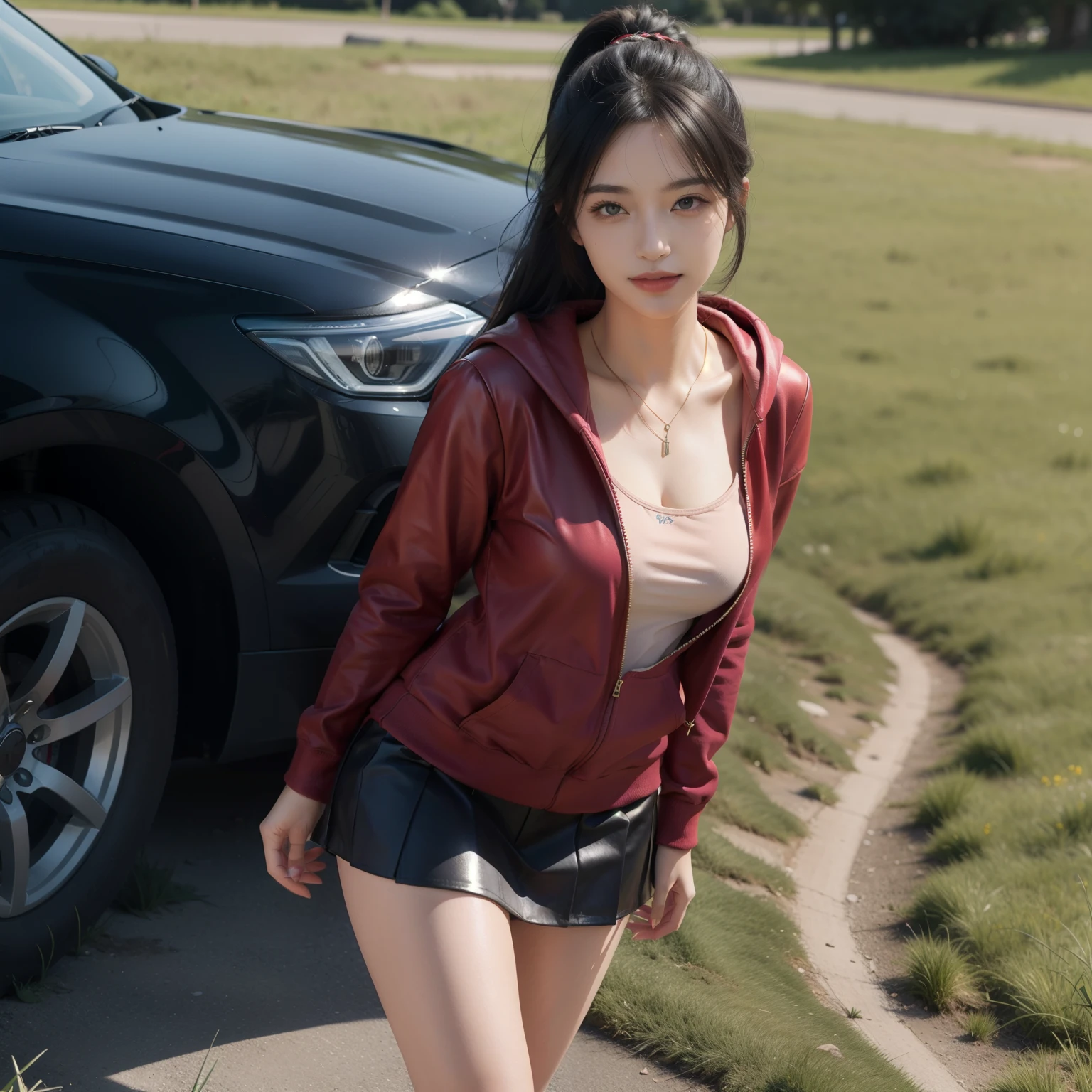 A digital illustration in anime style of a girl standing in a grassy field. She has long black hair styled in a ponytail and blue eyes. She is wearing a satin shiny red hoodie, a black leather pleated short skirt, black high heels, and a delicate necklace. The girl should be standing straight and looking directly at the camera with smile, with her full body visible, including her high heels. The illustration should be ultra-realistic and high resolution (8K), with a clear and sharp depiction. The image should capture the girl's dynamic pose and stylish outfit, with an exquisite and beautifully detailed presentation.