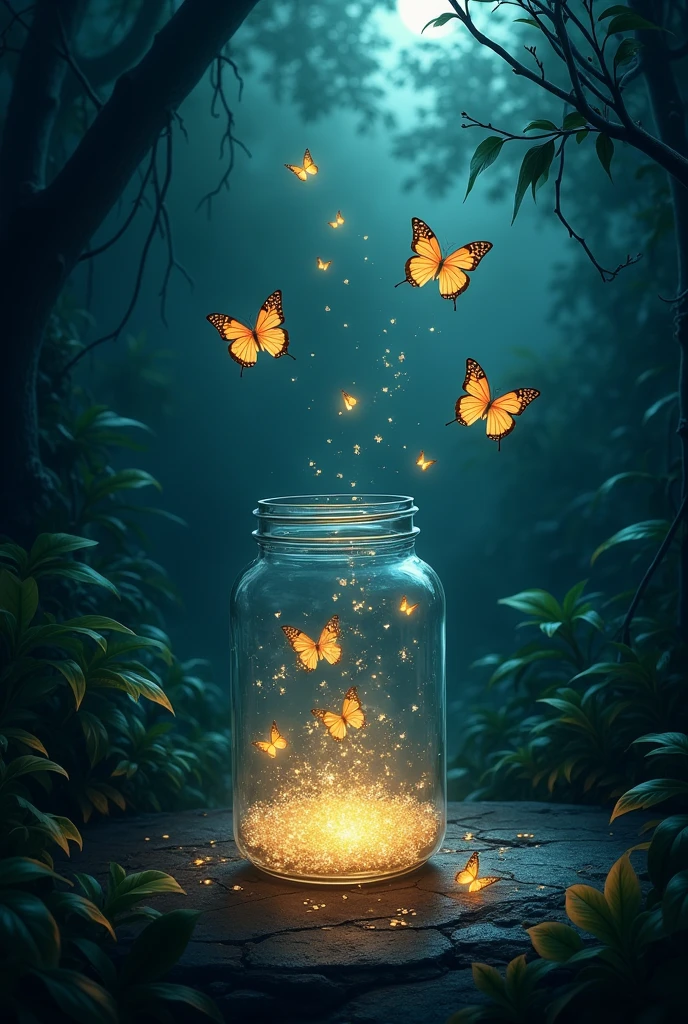 At the darken night at the jungle from the broken glass jar butterflys are flys