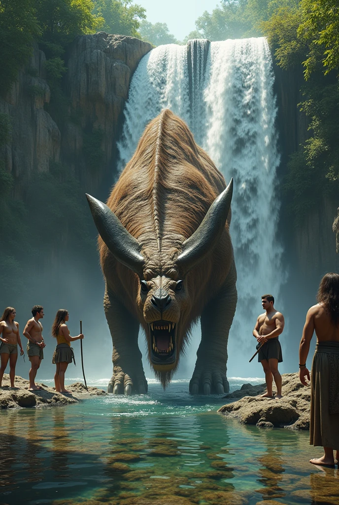 old dangerous animal in one photo drinking water with five humans with same waterfall
