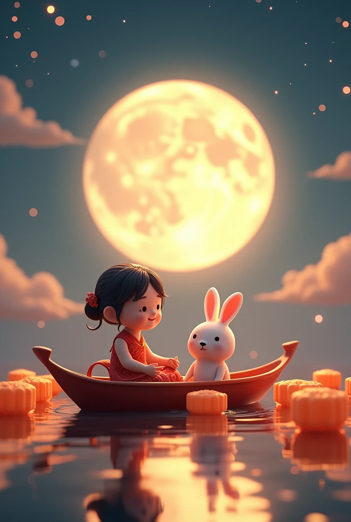 3D rendering poster, in front of a huge moon, beautiful night, warm lights, a cute and happy girl wearing traditional Chinese clothing, a rabbit, sitting on a boat, looking at the moon in the distance, mooncakes, auspicious clouds, bright colors, warm colors, surrealism, Pixar style, Disney style, clear contour light, increasing overall visual effect - ar 59:128, edge light, fantasy, outdoor cold and warm contrasting colors, spotlight, 8k ar, c4d, OC rendering, blender,