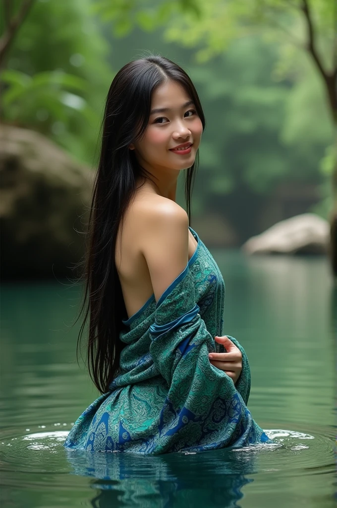A young woman with a verry curvy body soaks in the clear river, wearing a traditional jarik batik wrapped around half the body, blue, and green patterns wrapped around her body. She has long, straight black hair flowing over one shoulder and is smiling softly at the camera. The background features lush green trees and rocks, creating 