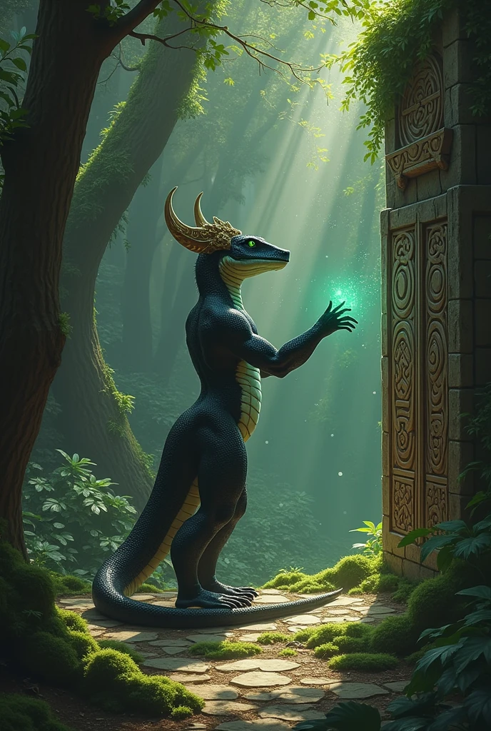 Reptilian with an elegant body and shiny black scales, wearing an emerald crystal horn-shaped crown and dressed in simple tribal clothing. In the middle of the deep forest , She is touching the stone wall with her hands to activate a dimensional portal that was hidden., around limitless runes carved around the portal, inside a tunnel.