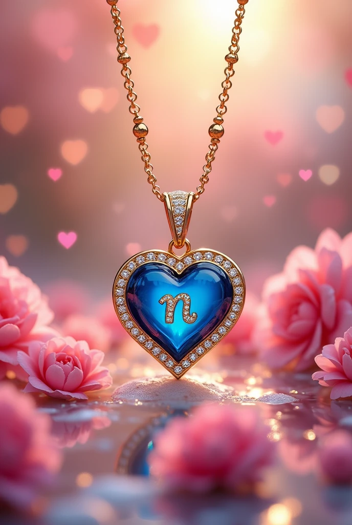 The image is a close-up of a necklace with a pendant in the shape of a heart. The pendant is made of gold and has a blue enamel in the center with the letter "N" in the middle. The heart is surrounded by small diamonds and is set in a gold-colored metal frame. The necklace is attached to a gold chain with small round beads. In the background, there are colorful flowers and hearts scattered around. The overall aesthetic of the image is romantic and whimsical.