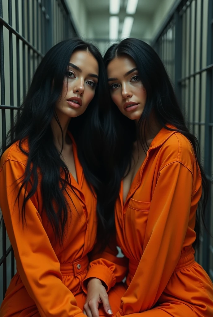 A beautiful Instagram model, long black hair , at prison , beautiful make up , orange prison jumpsuit, full body view, in cage, two girls , sitting