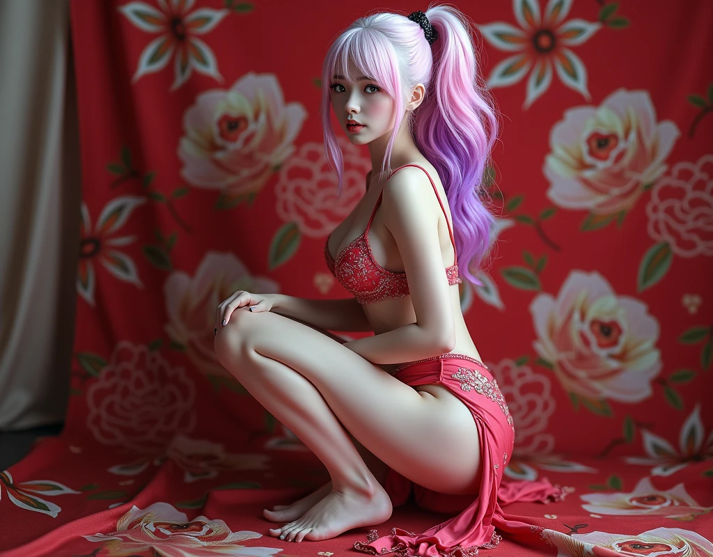 1girl, wearing stylish modern revealing clothing, albino, pink and purple hair , pink rose background, japanese and European, perfect tits, perfect dream face , jacket covering nipples , non revealing , stylish bras, crouching, seductive , red rose Japanese traditional background , passionate tits rubbing, side bangs , pony tail,