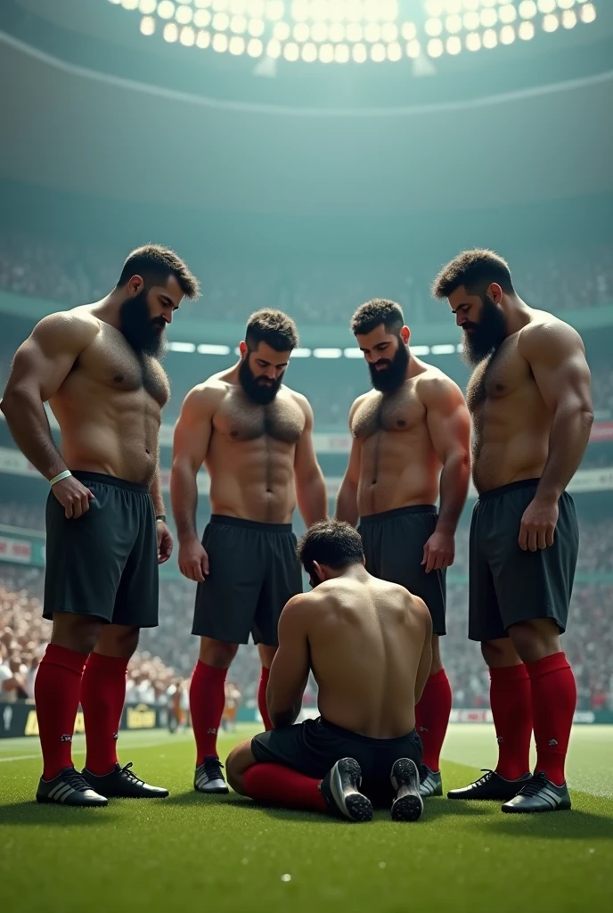 Five strong hairy Iranian football players very hairy chest hair bearded, wearing no shirt, black shorts and red socks and black cleats, standing, around a player praying on his knees, big football stadium full of people.